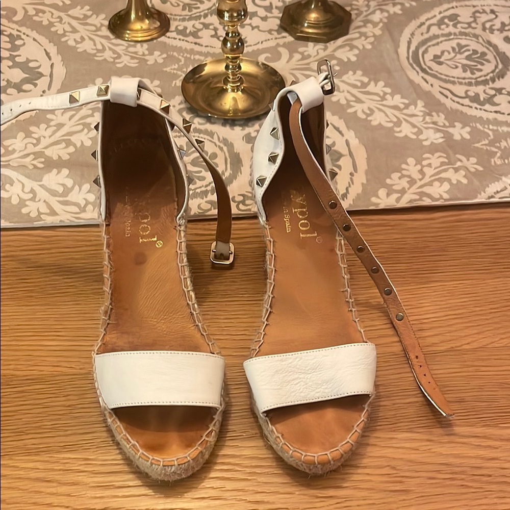 White Studded Leather Espadrille Sandals - Women